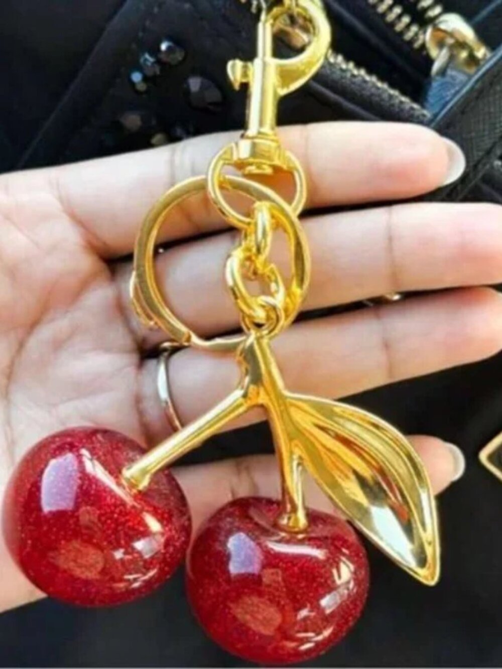 New! Popular!! Hot! Gorgeous sparkle Large Red & Gold Cherries bag charm clip